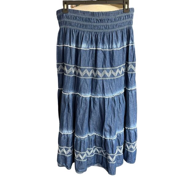Indigo And Lace Peasant Tiered Skirt Denimlike Chambray XL Bohemian Boho - Picture 1 of 7